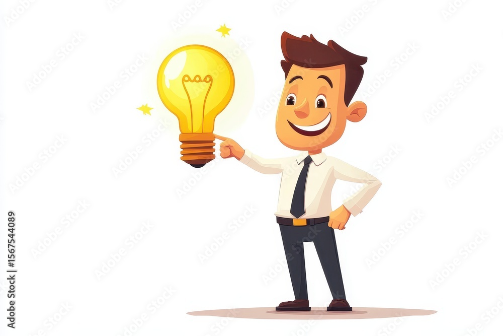 Cartoon businessman pointing to a floating idea bulb CARTOON CHARACTER ON WHITE BACKGROUND Cartoon businessman pointing to a floating idea bulb CARTOON CHARACTER ON WHITE BACKGROUND