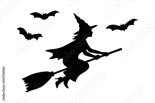 Witch Flying on Broomstick Silhouette - Halloween Bats Vector