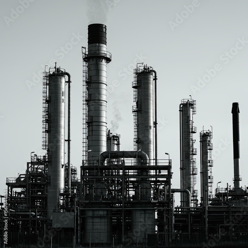 Industrial refinery complex tall metal towers pipes and structures against a light sky Black and white image