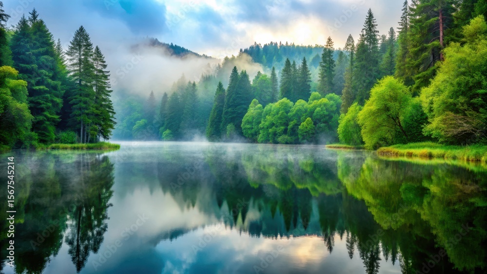 Fototapeta premium A serene lake surrounded by lush greenery and tall trees with a misty fog rolling in slowly