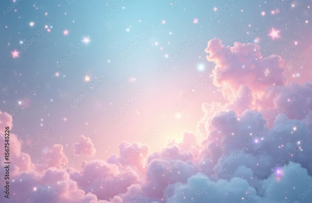 Fototapeta premium Dreamy pastel sky with soft clouds, sparkling stars. Features gradient of blue, pink, purple hues. Ideal for fantasy, space, or celestial themes, this image offers whimsical, magical backdrop.