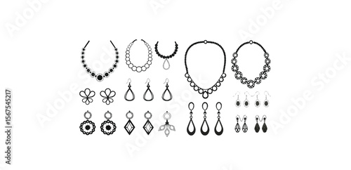 Print   Black necklace and bundle earrings icon collection. Set of jewelry necklaces and earrings. Beauty necklace and earrings element collection