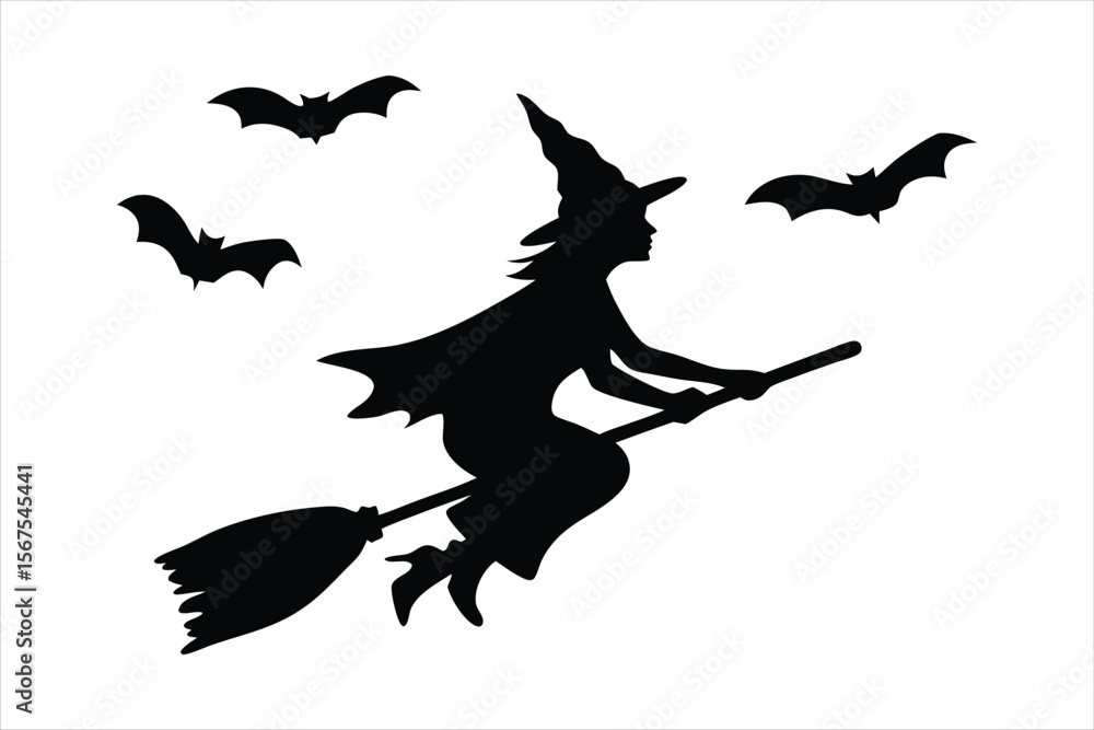 Fototapeta premium Witch Flying on Broomstick Silhouette - Halloween Bats Vector