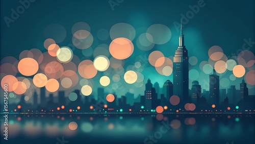 Night Cityscape with Bokeh Lights and Skyscrapers