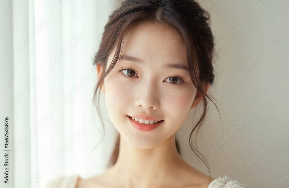 Portrait of beautiful Asian woman with clear, healthy skin, smiling gently. Fresh, natural look, embodying wellness, beauty care. Ideal for cosmetic, skincare promotions, image conveys rejuvenation, Portrait of beautiful Asian woman with clear, healthy skin, smiling gently. Fresh, natural look, embodying wellness, beauty care. Ideal for cosmetic, skincare promotions, image conveys rejuvenation,