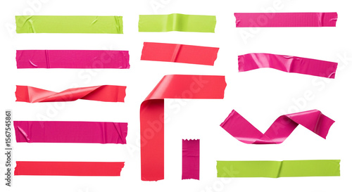 Colorful Adhesive Tape Strips Pink, Red, and Green Duct Tape Pieces for Crafts and Design. Sets of adhesive duct tape. 13 Pieces of crumpled duct tape