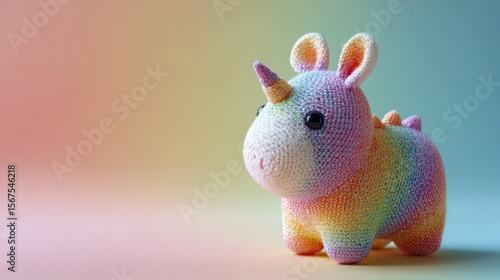 Colorful crochet unicorn toy standing on a soft pastel background during daylight