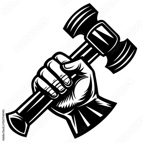 Hand holding a steel hammer over an anvil, a strong metal work tool vector illustration