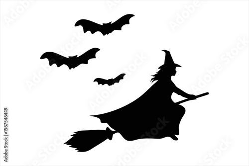 Witch Flying on Broomstick Silhouette - Halloween Bats Vector