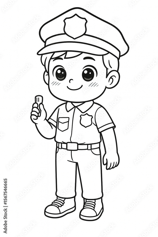 Obraz premium Adorable manga-style soldier boy coloring page. Crisp black-and-white line art perfect for kids’ printables, classroom worksheets, military career lessons, and clip-art craft projects.