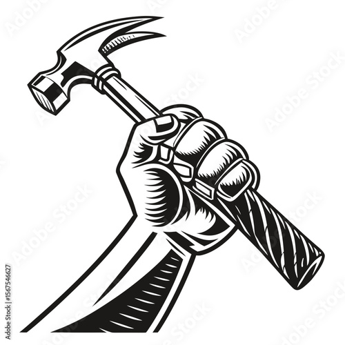 Hand holding a steel hammer over an anvil, a strong metal work tool vector illustration