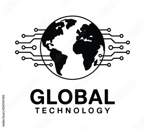 A set of technology-themed symbols featuring the Earth, circuit boards, and hologram projections on white background