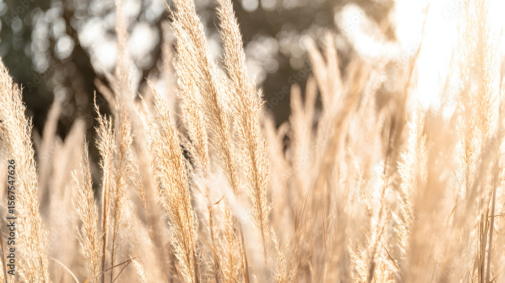 Fototapeta premium Soft pastel pampas grass swaying in golden light, a serene boho moment of delicate beauty and calm.