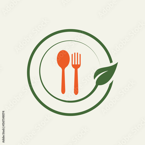 Promote healthy eating with this graphic featuring a spoon, fork, leaf, and plate, perfect for restaurants and nutritional branding.
