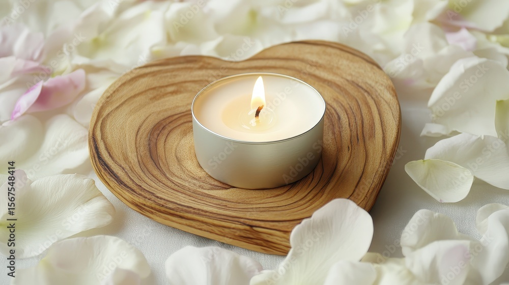 Heart-Shaped Wooden Plate with Candle Surrounded by Flower Petals Heart-Shaped Wooden Plate with Candle Surrounded by Flower Petals