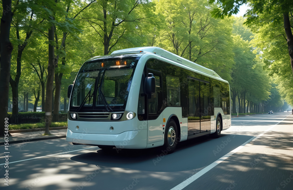 Obraz premium Autonomous electric shuttle bus drives on green urban road lined with trees. Smart vehicle concept future mobility, public transit innovation with advanced sensors, automated technology for city