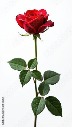 Wallpaper Mural Elegant single red rose with green leaves against white background. Vivid crimson petals show delicate texture. Perfect for romantic celebrations, wedding decor, or beauty product advertising. Torontodigital.ca
