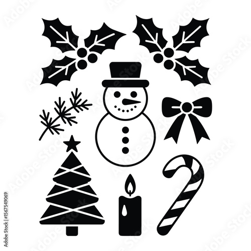 Christmas Winter Holiday Black and White Icons Set