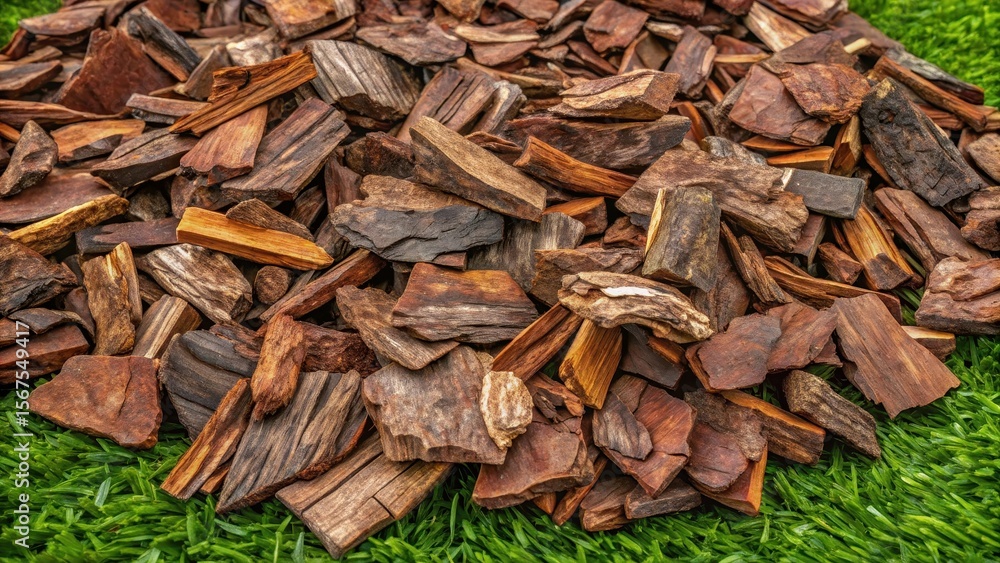 Large pieces of pine bark scattered on a lawn with a naturalistic and earthy feel Large pieces of pine bark scattered on a lawn with a naturalistic and earthy feel