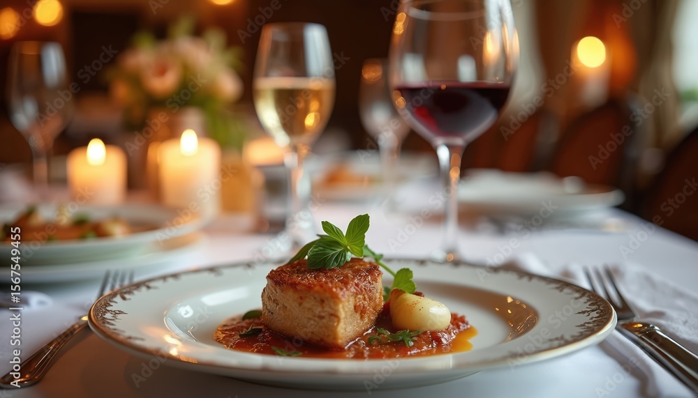 Luxurious main course served elegantly at formal English-style dinner event. Features exquisite food presentation on plate with red, white wine glasses, candles, floral decor in classic hotel country Luxurious main course served elegantly at formal English-style dinner event. Features exquisite food presentation on plate with red, white wine glasses, candles, floral decor in classic hotel country