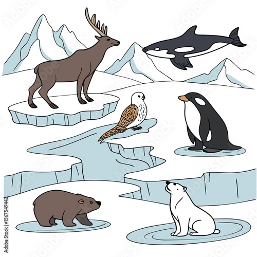 Illustration of arctic animals including a deer, orcas, bears, and a bird on ice floes and mountains