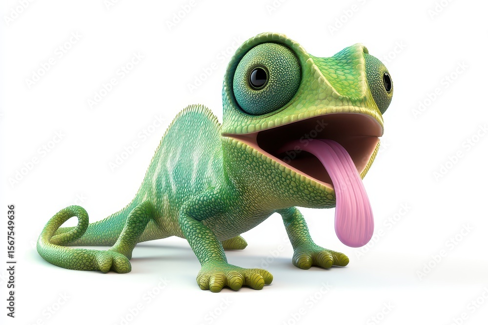 Fototapeta premium Chameleon eyes moving 3d cartoon character on white background