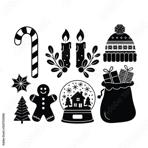 Black and White Christmas Holiday Icons Set