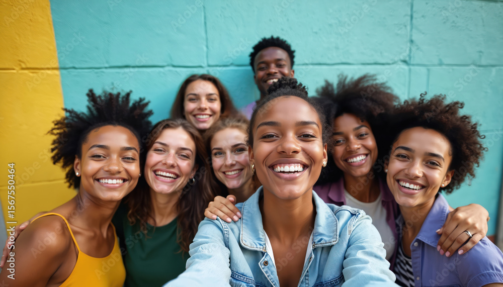 Obraz premium Group multiracial friends enjoy outdoor fun. Happy mixed race people take selfie together. Youth millennial generation, multi ethnic teenagers share lifestyle moments. Diversity, community, culture,