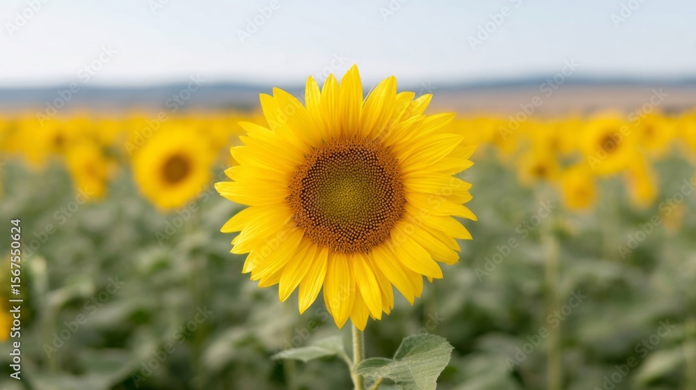 Fototapeta premium Sunflower, catching sun's whispers in golden bloom, celebrates Midsummer magic, invoking heliotropism dance, surreal rural tranquility