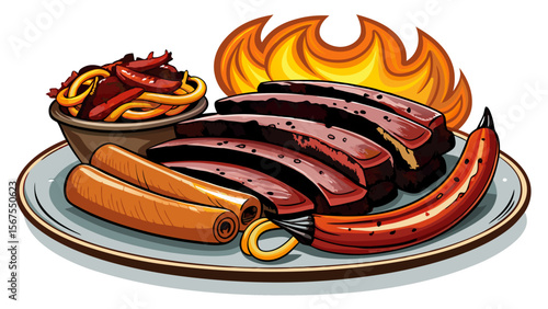 Classic Texas Smoked Sausage curls gently on the plate, its reddish skin split slightly, revealing juicy interior and smoky spice, against a white backdrop.