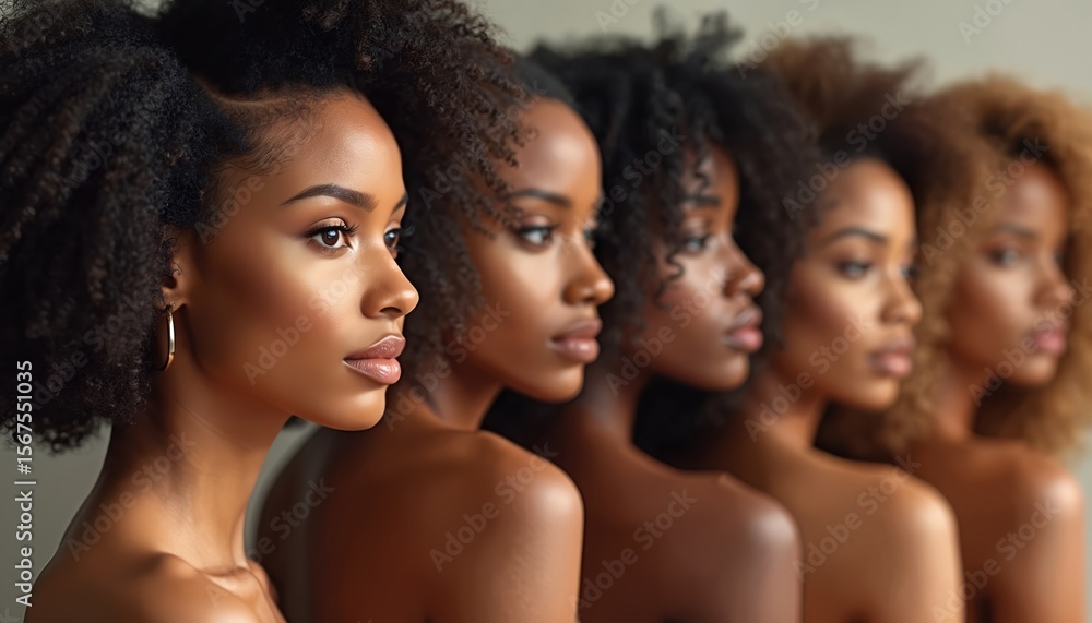 Fototapeta premium Profile of diverse African American women with natural afro hairstyles. Women wear white tank tops, looking away from camera. Soft gray background, blurred crowd, text elements.
