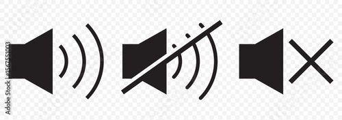 An icon that increases and reduces the sound. Icon showing the mute. A set of sound icons with different signal levels in a flat style. Vector on Transparent Background. EPS 10.