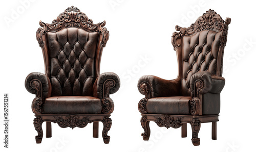 Intricately carved wooden throne chair with brown leather seat isolated on transparent background. Furniture concept