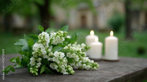Lily of the valley whispers secrets beside flickering candles, evoking tranquility and Beltane blessings in a verdant grove