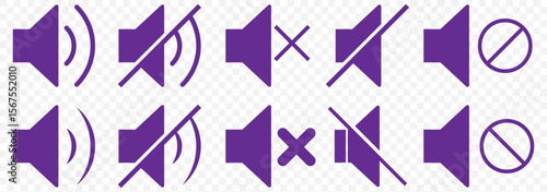 Speaker Volume Icons – Sound, Mute, Increase, Decrease Audio Symbols Set in Violate Color on Transparent Background. EPS 10.