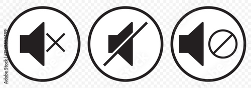 Speaker and mute icon set in black circles. No Sound icon sign mute icon vector illustration. Speaker mute icon isolated on Transparent background. EPS 10.