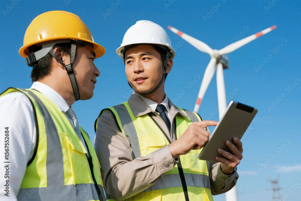 Fototapeta premium Two Engineers Discussing Wind Turbine Project