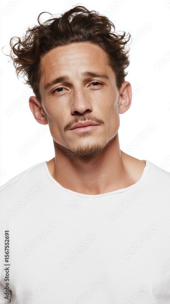 Obraz premium Wind-tousled hair catches the light around a contemplative European man, evoking moody autumnal solstice reflections