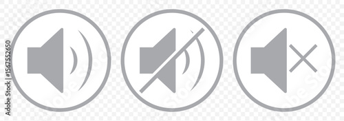 Volume Control icon set, Sound icon, mute icon, speaker icon, volume icon ,Vector Illustration In Gray Color  Loudspeaker and Silence Icons for Apps on Transparent Background. EPS 10.