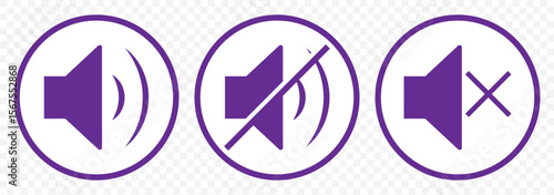 Speaker Volume Icons – Sound, Mute, Increase, Decrease Audio Symbols Set in Violate Color on Transparent Background. EPS 10.