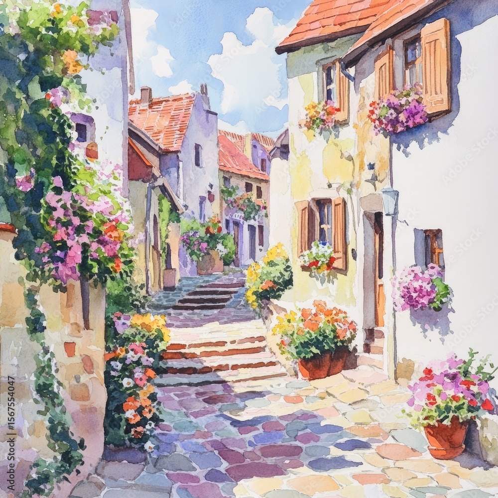 Fototapeta premium European village street, flowers, sunny day, painting