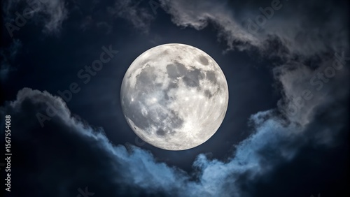 Full Moon Shining Brightly in a Night Sky with Dark Clouds