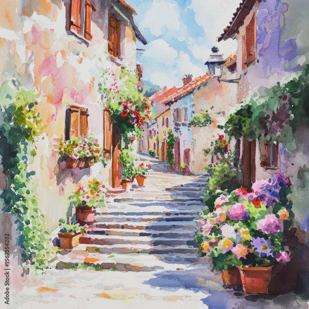 Fototapeta premium Italian village street scene, flowers, sunny day, watercolor