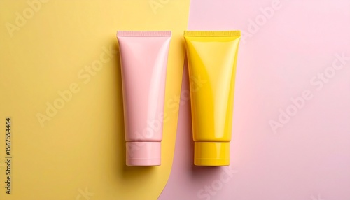 Wallpaper Mural Vibrant flat lay of pastel pink and yellow cosmetic tubes on a graphic two-tone background. Blank product packaging mockup for beauty, skincare, or cream branding with copy space. Torontodigital.ca