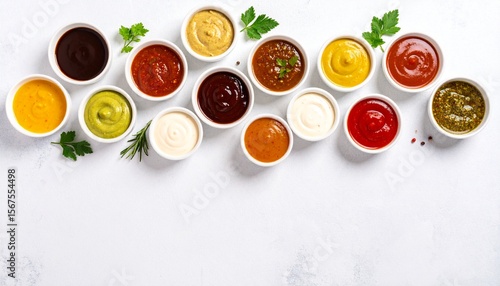 Wallpaper Mural Colorful assortment of gourmet dipping sauces in white bowls on a bright stone background. Flat lay top view with ketchup, mustard, bbq, and pesto, with copy space for text. Torontodigital.ca
