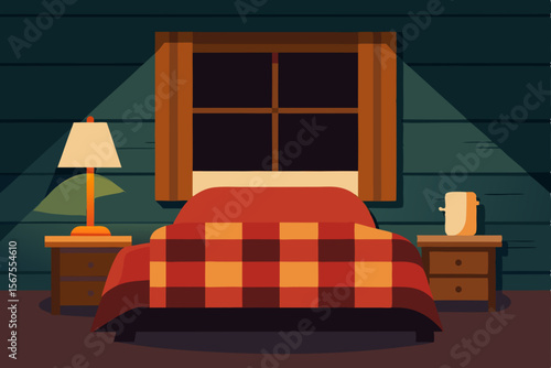 A Cozy Cabin Bedroom With Flannel Blankets And Wooden Beams