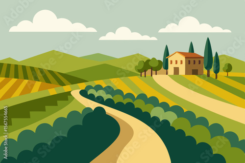 Lush Vineyard on Rolling Hills with Grapevines