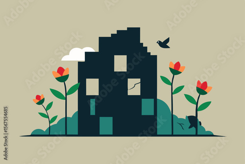 A Flower Field Growing Inside A Collapsed Building With Nature Reclaiming