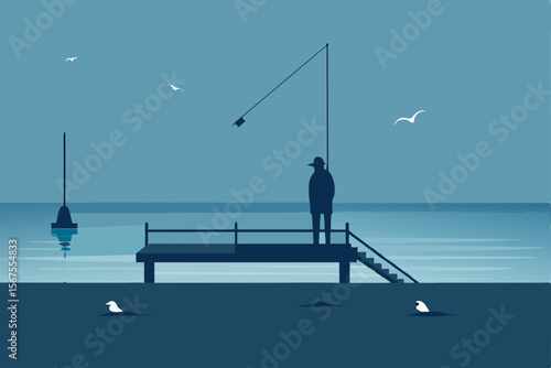 A Quiet Morning On A Fishing Dock With A Lone Fisherman