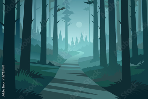 Quiet Foggy Forest Path Lined with Tall Pine Trees